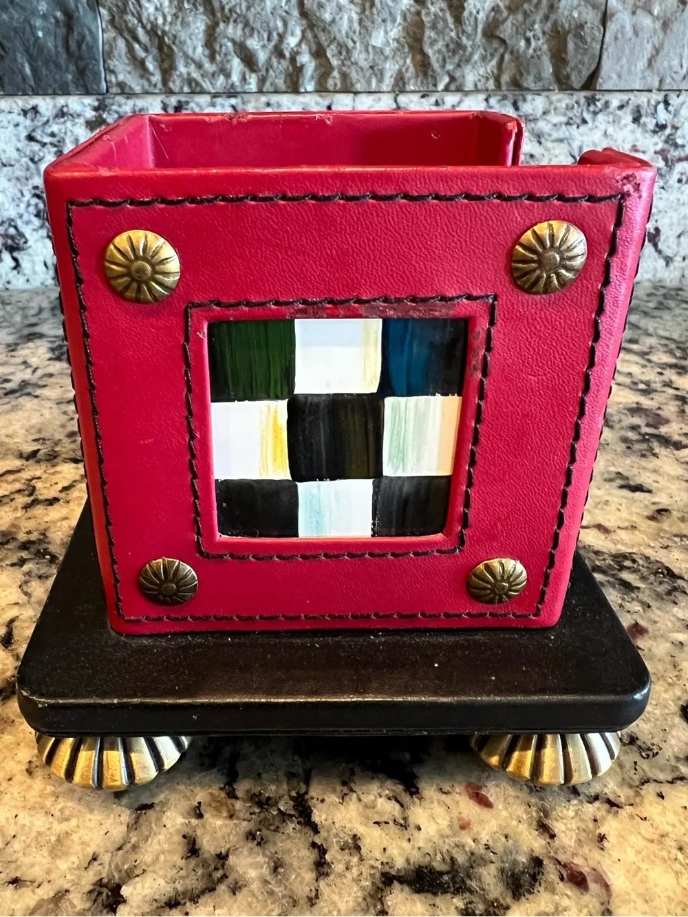 MacKenzie-Childs Vintage Red Leather & Enamel Notepad cube holder. With notepad.